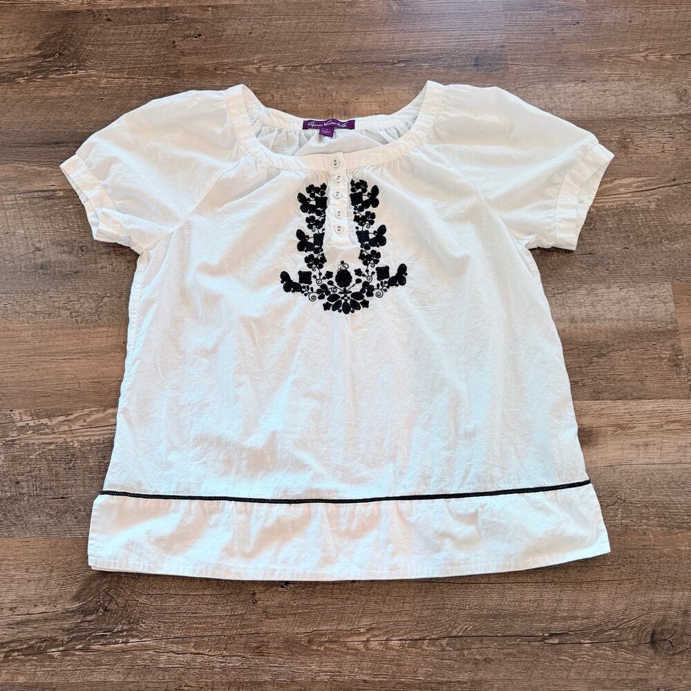 Gloria Vanderbilt White Embroidered Peasant Blouse Boho Medium